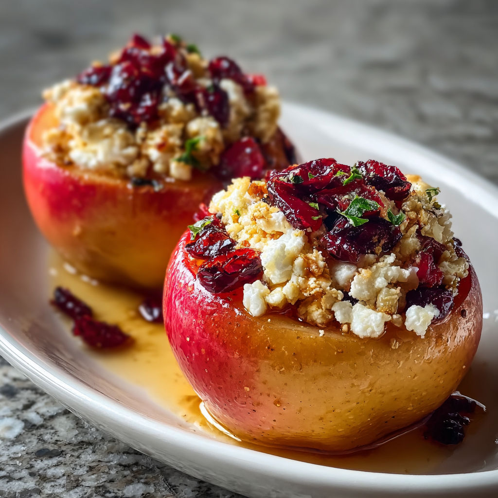 Two baked apples with feta, honey, and cranberries on a plate.
