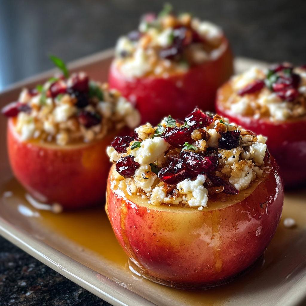 Baked apples with feta, honey, and cranberries.