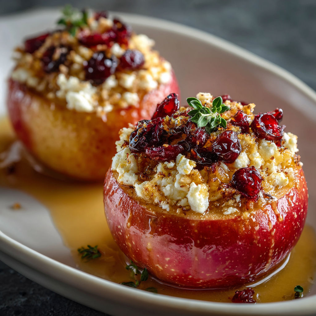 Two baked apples with feta, honey, and cranberries.