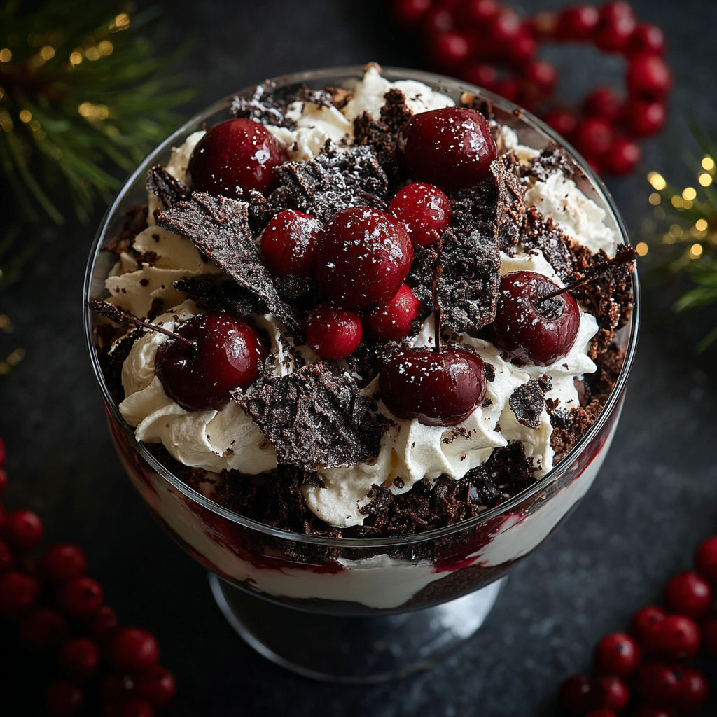 A glass of dessert with chocolate, whipped cream, and cherries.