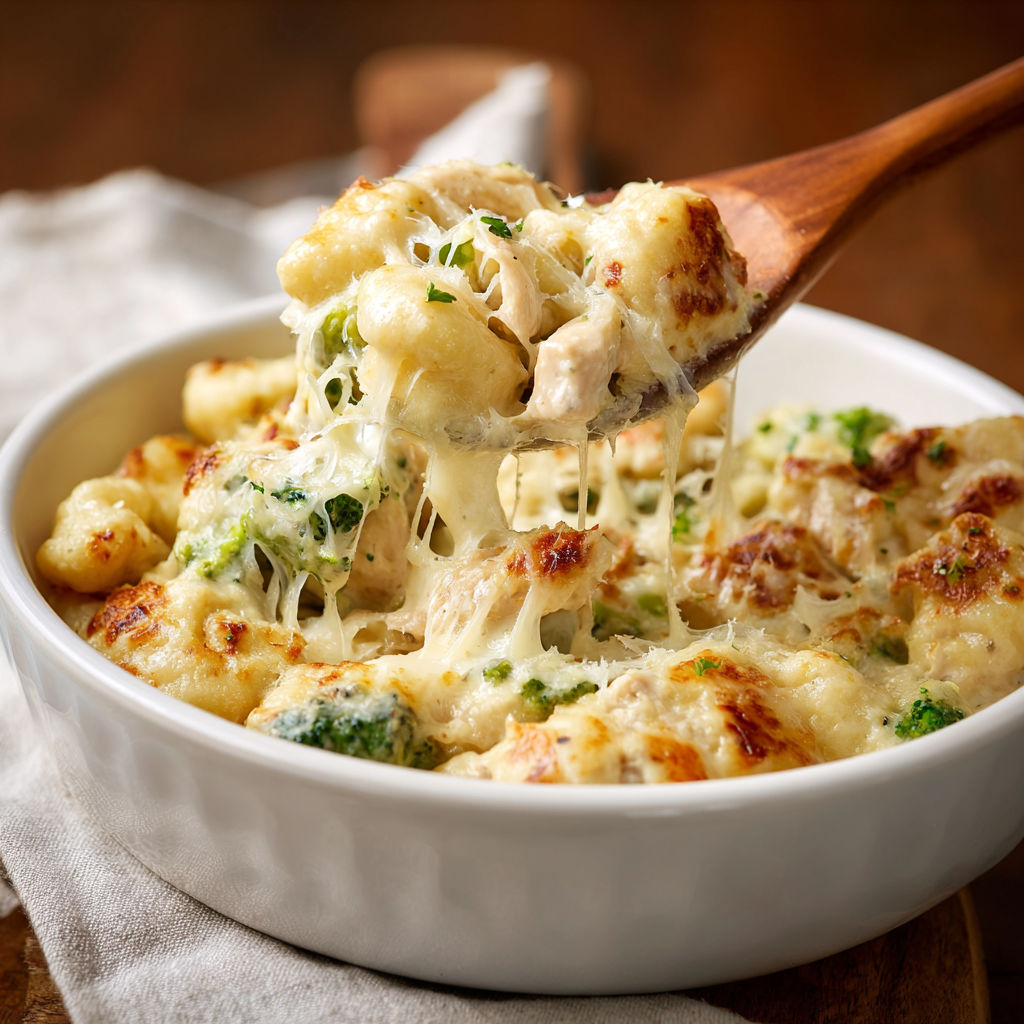 A bowl of chicken alfredo gnocchi.