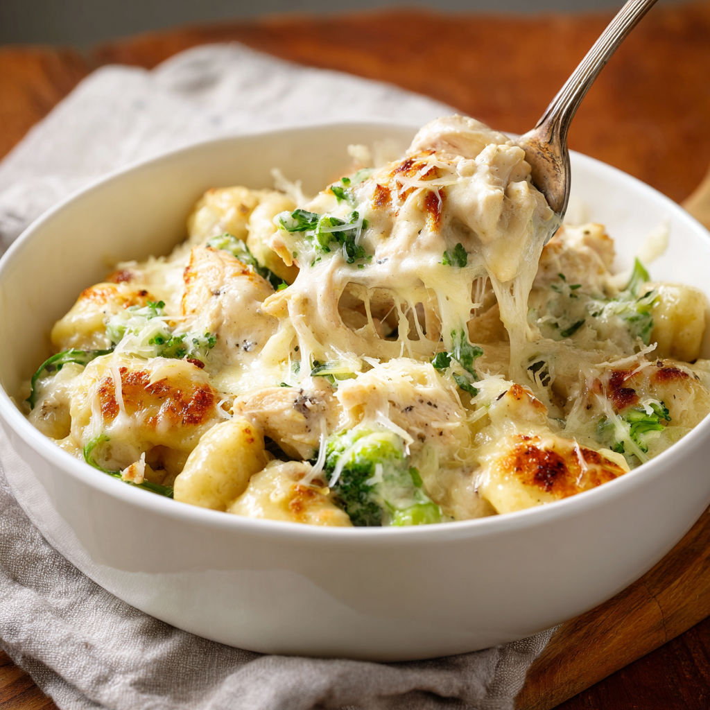 A bowl of chicken Alfredo gnocchi.