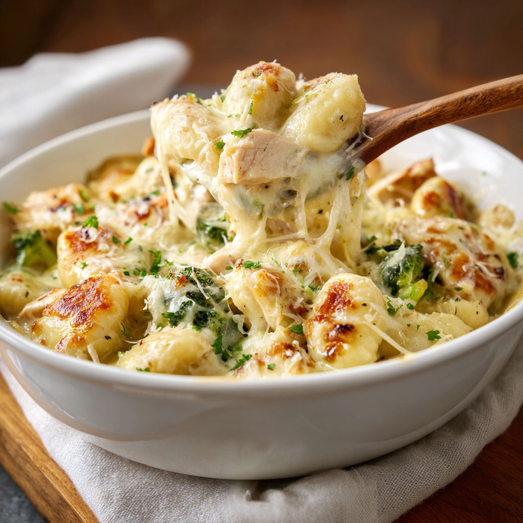 A bowl of chicken alfredo gnocchi.