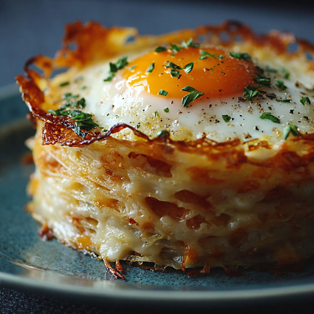 A baked egg on top of a piece of food.