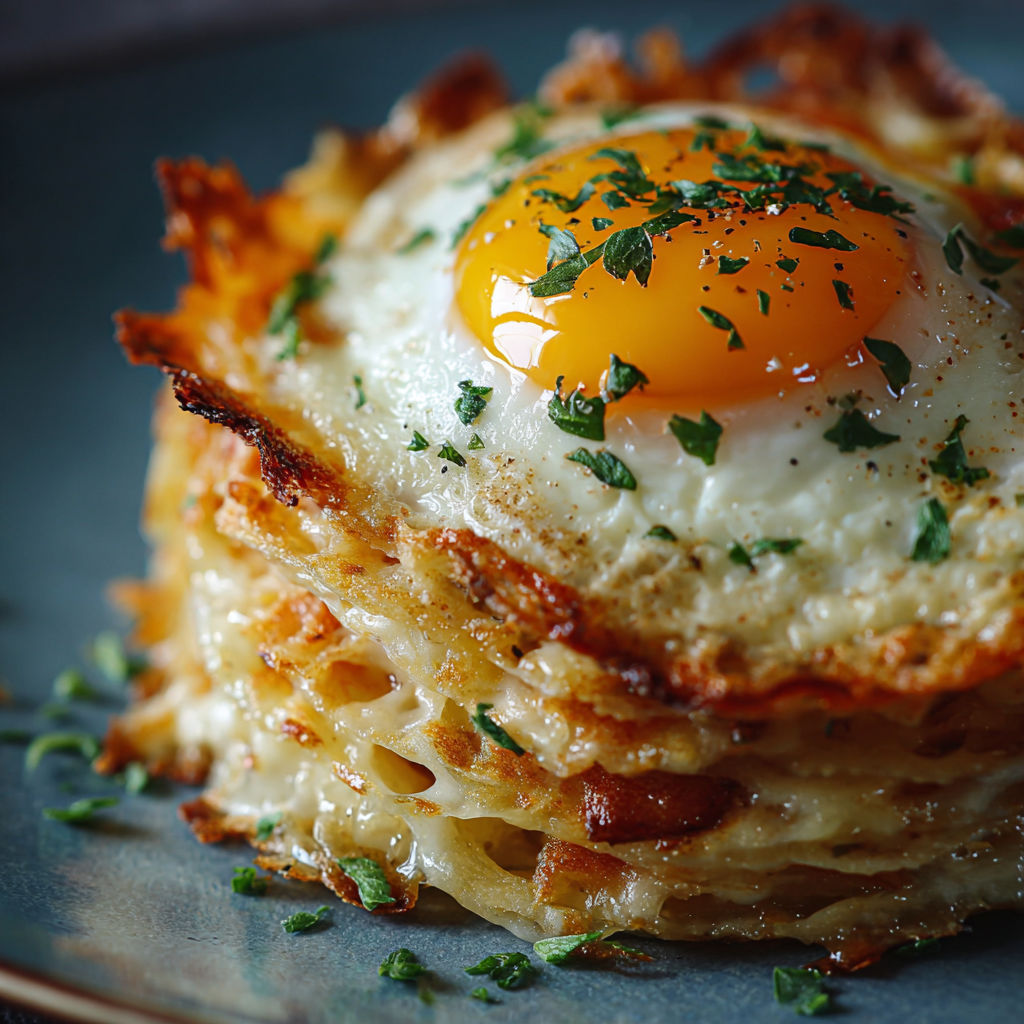 A fried egg on top of a hash brown.