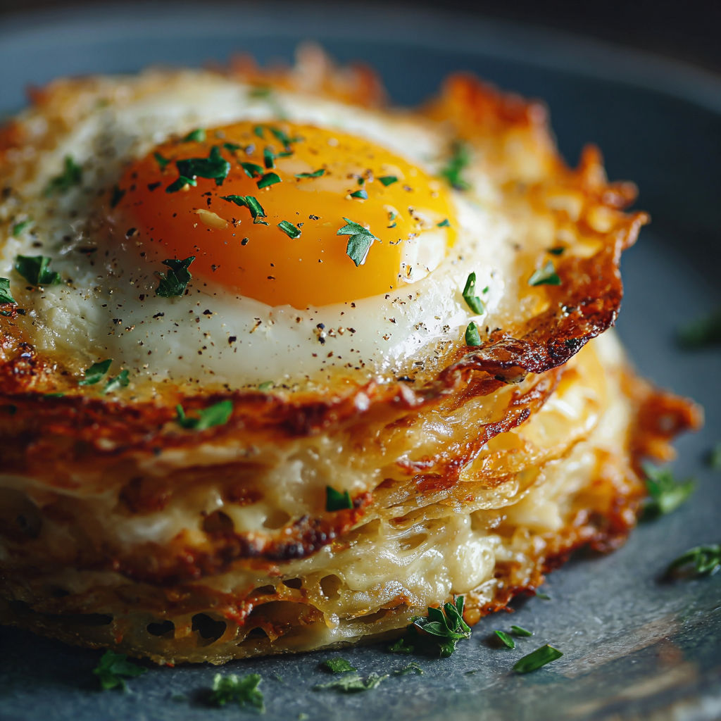 A fried egg on top of a hash brown.