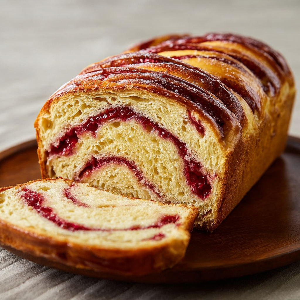 A slice of a brioche loaf with raspberry swirl.