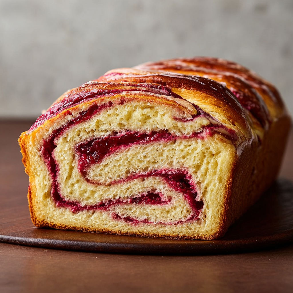A loaf of bread with a swirl of raspberry jam.