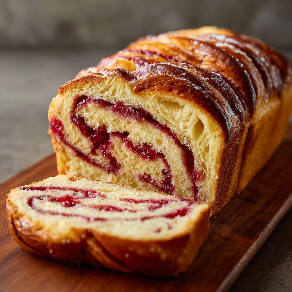 A loaf of bread with a swirl of red raspberry jam.