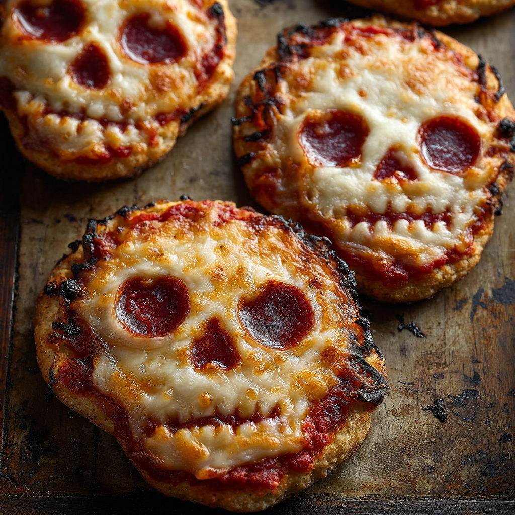 A skull shaped pizza with pepperoni.