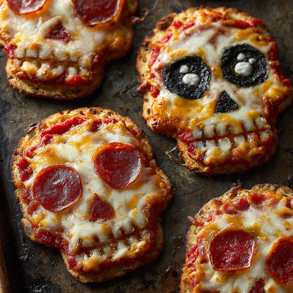 A pizza with a skull on top.