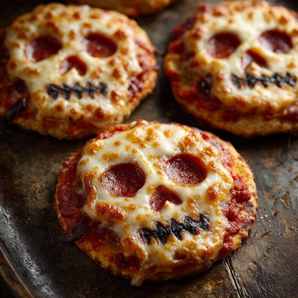 A pizza with a skull on it.
