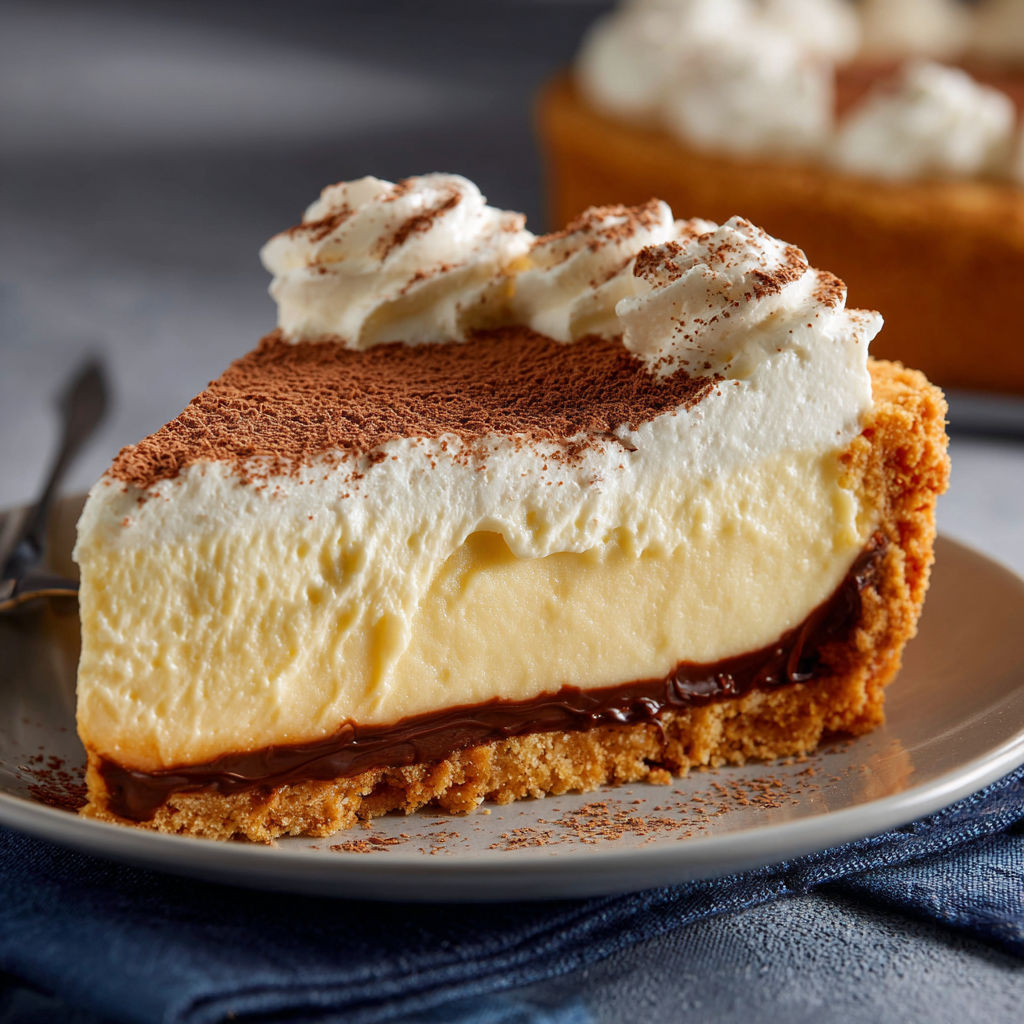 A slice of Boston Cream Pie on a plate.