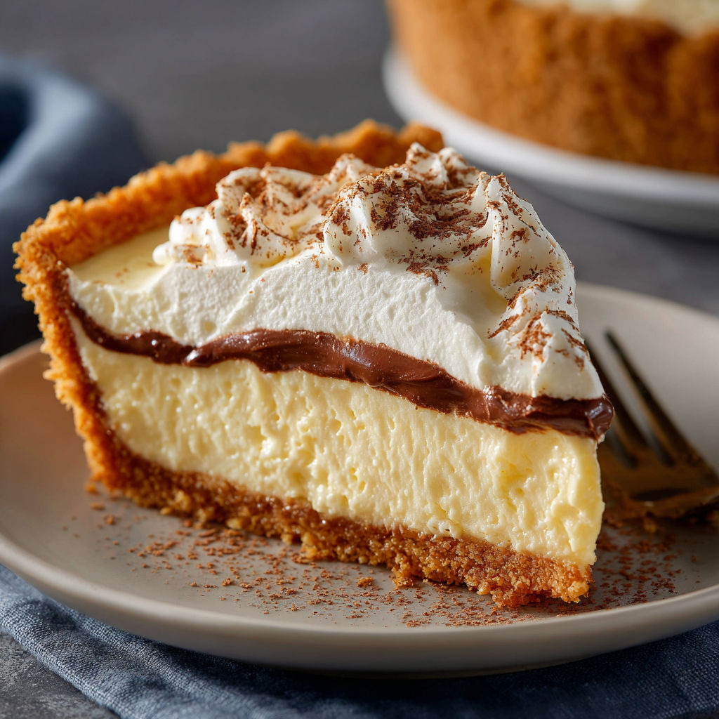 A slice of Boston Cream Pie with chocolate drizzle.
