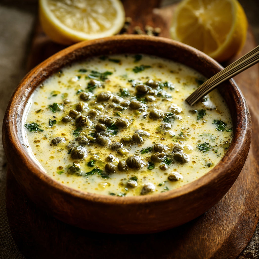A bowl of soup with a spoon in it.