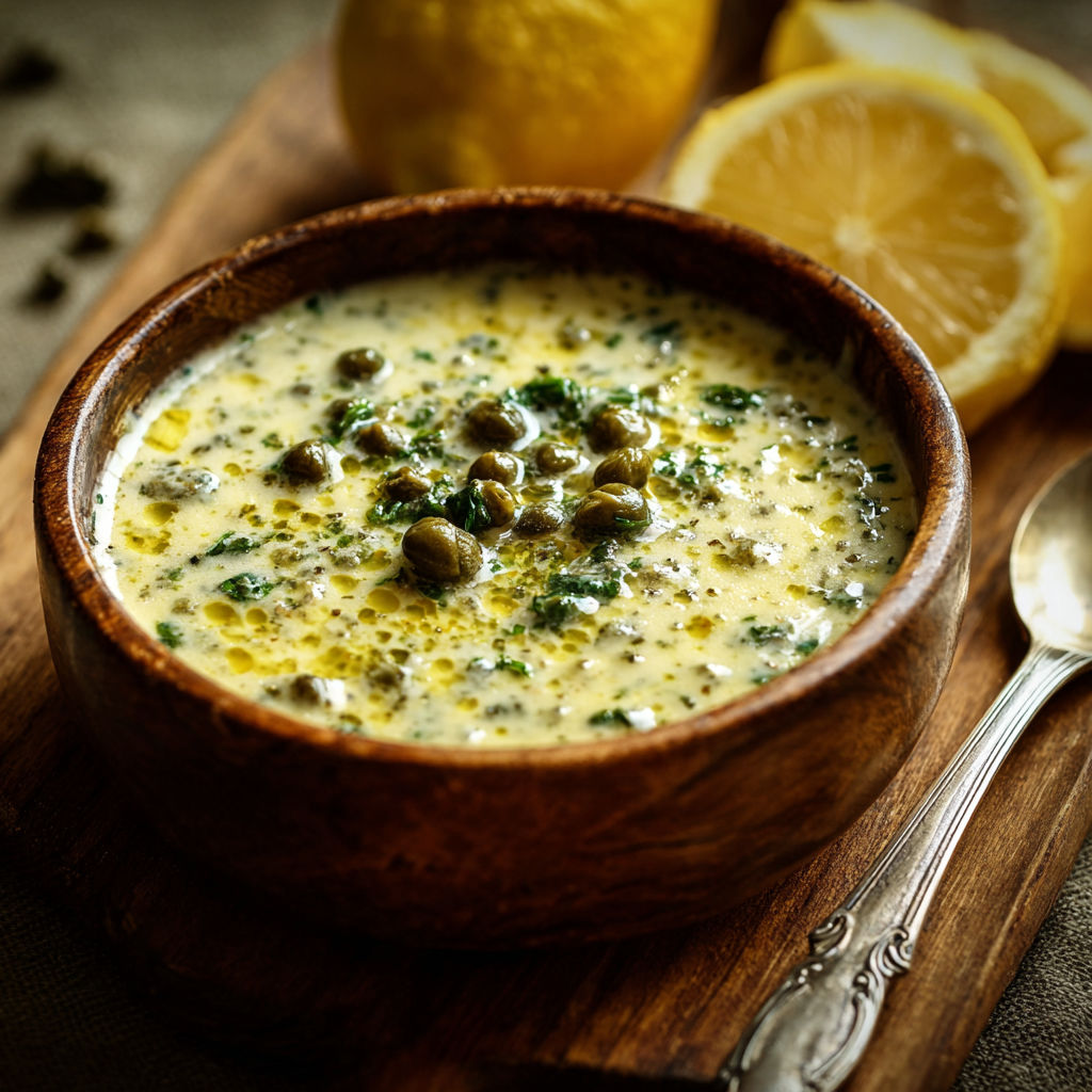 A bowl of soup with a spoon in it.