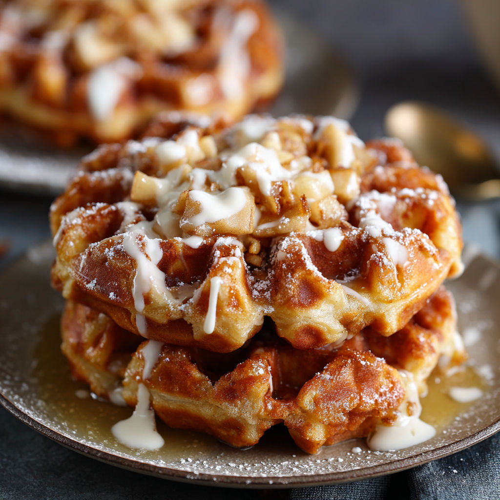 A stack of waffles with powdered sugar and nuts on top.