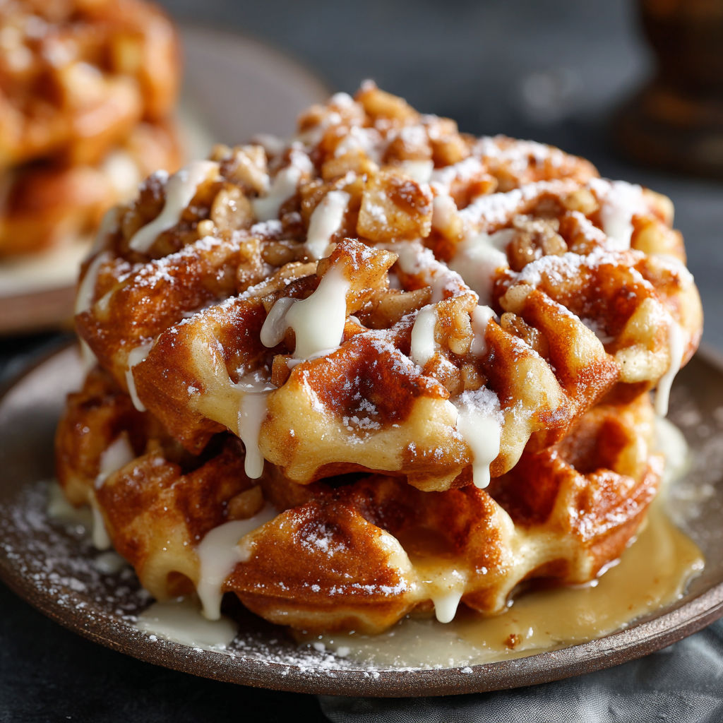 A stack of waffles with powdered sugar on top.