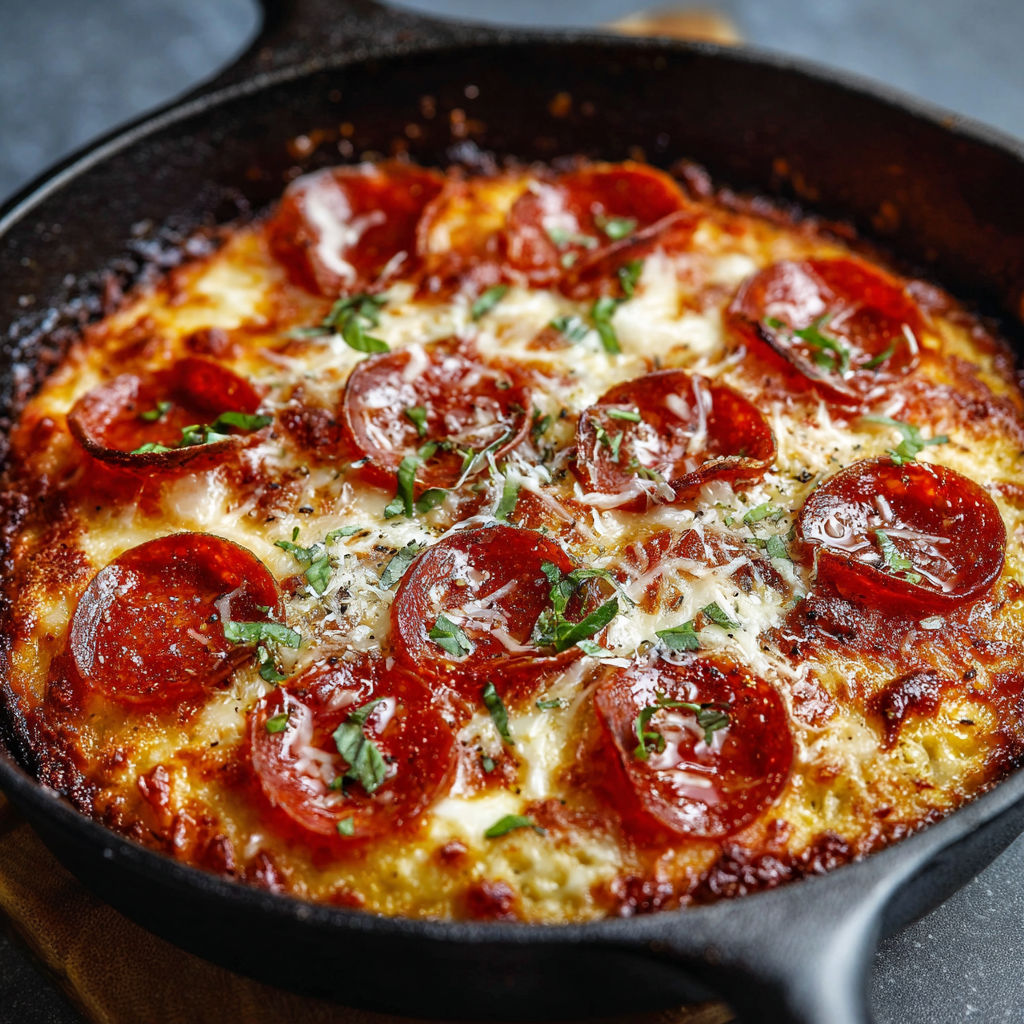 A cast iron pan with pepperoni and cheese.