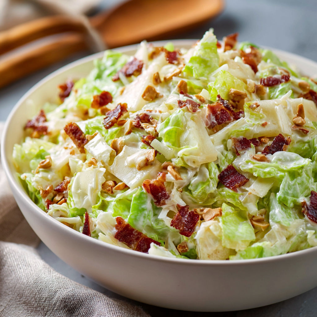 A bowl of salad with bacon bits.
