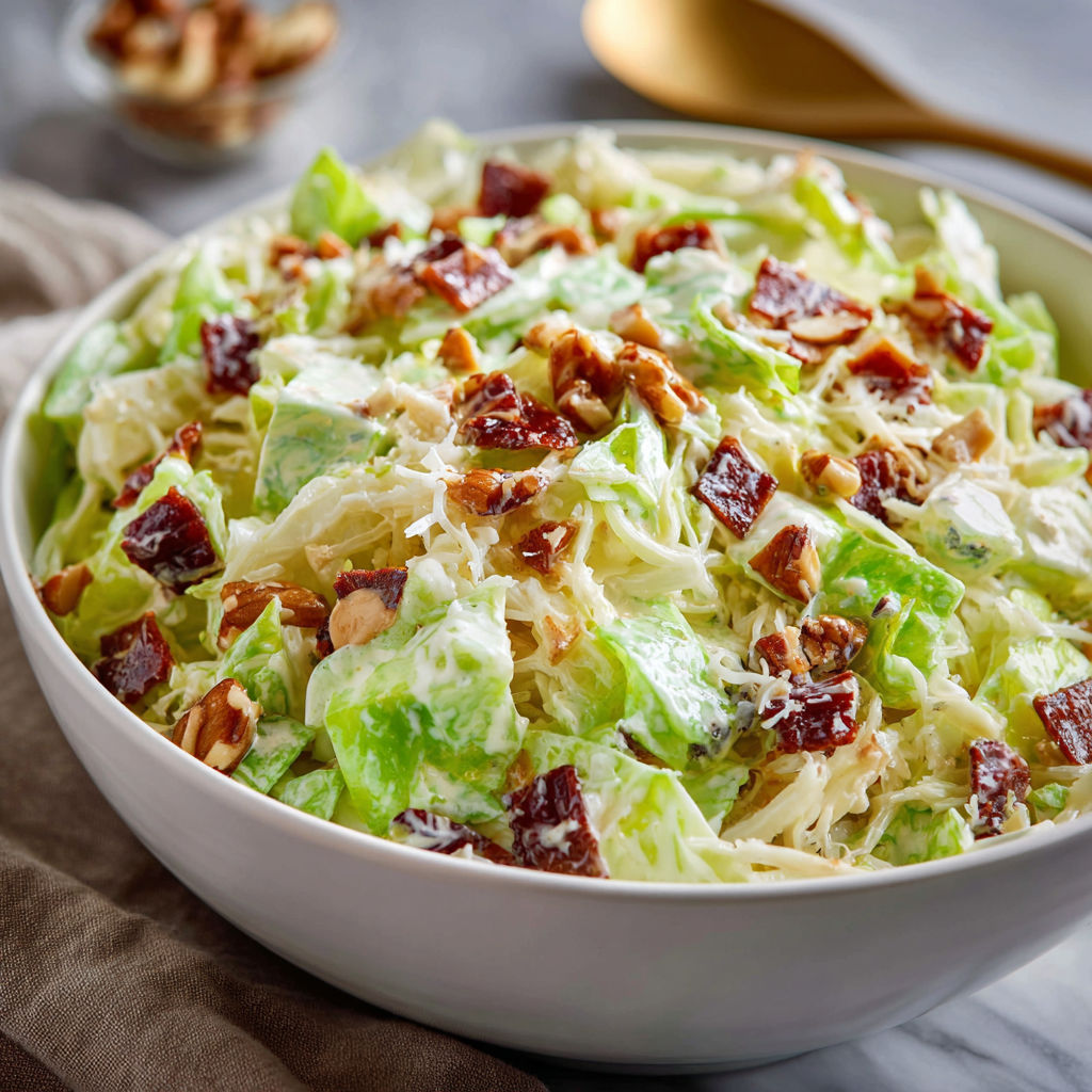 A bowl of salad with lettuce, bacon, and nuts.