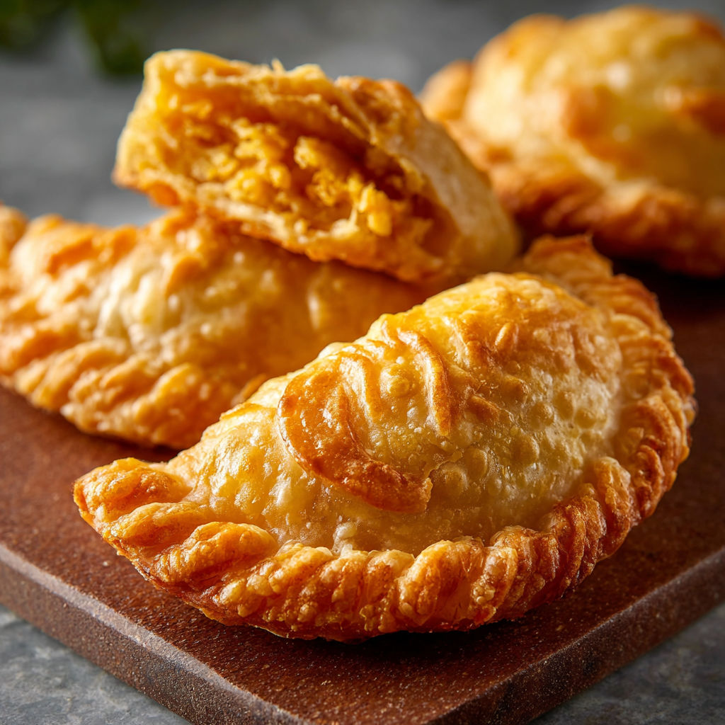 A brown wooden cutting board with three golden brown pastries on it.