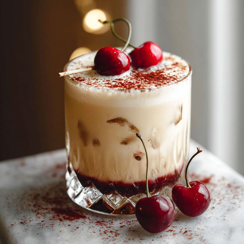A glass of white russian with cherries on top.