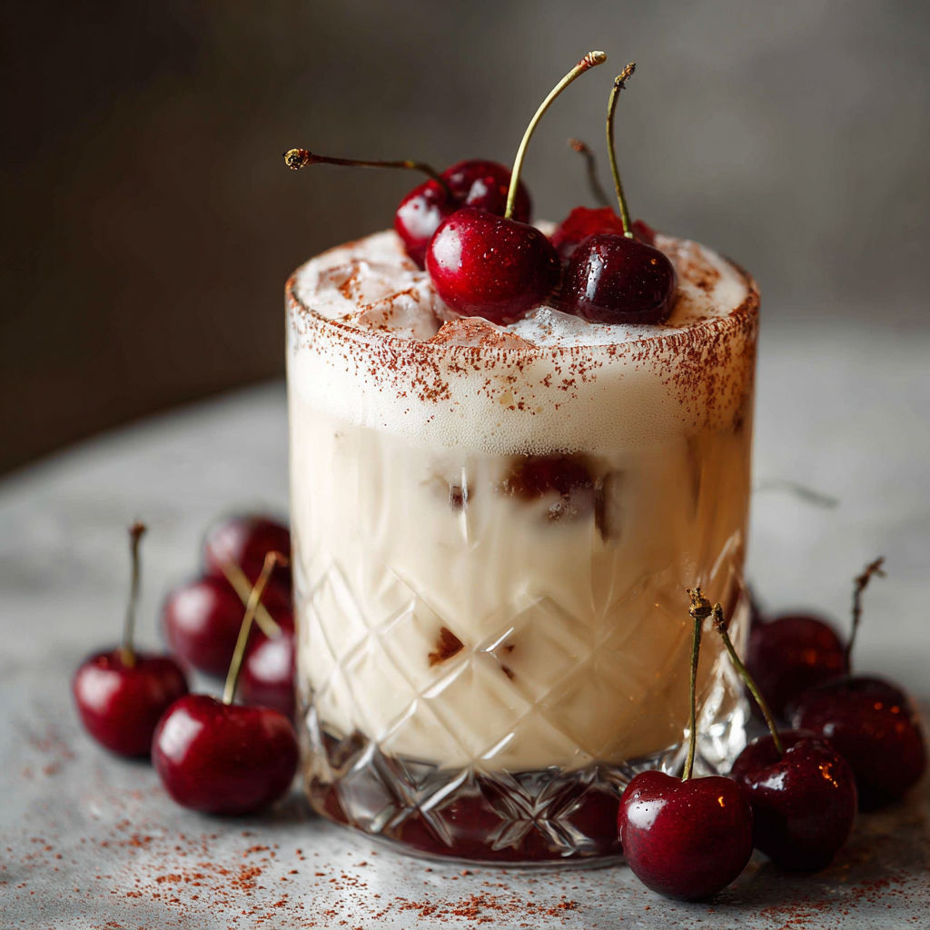 A glass of white drink with cherries on top.