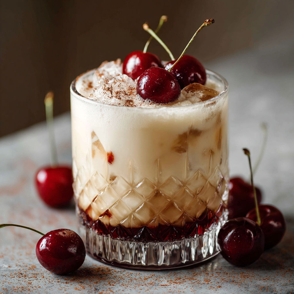 A glass of cherry juice with cherries on top.
