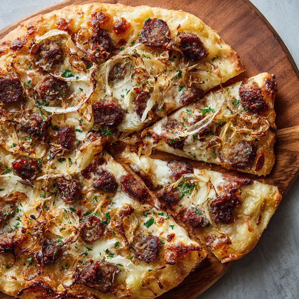 A slice of pizza with sausage and onions.