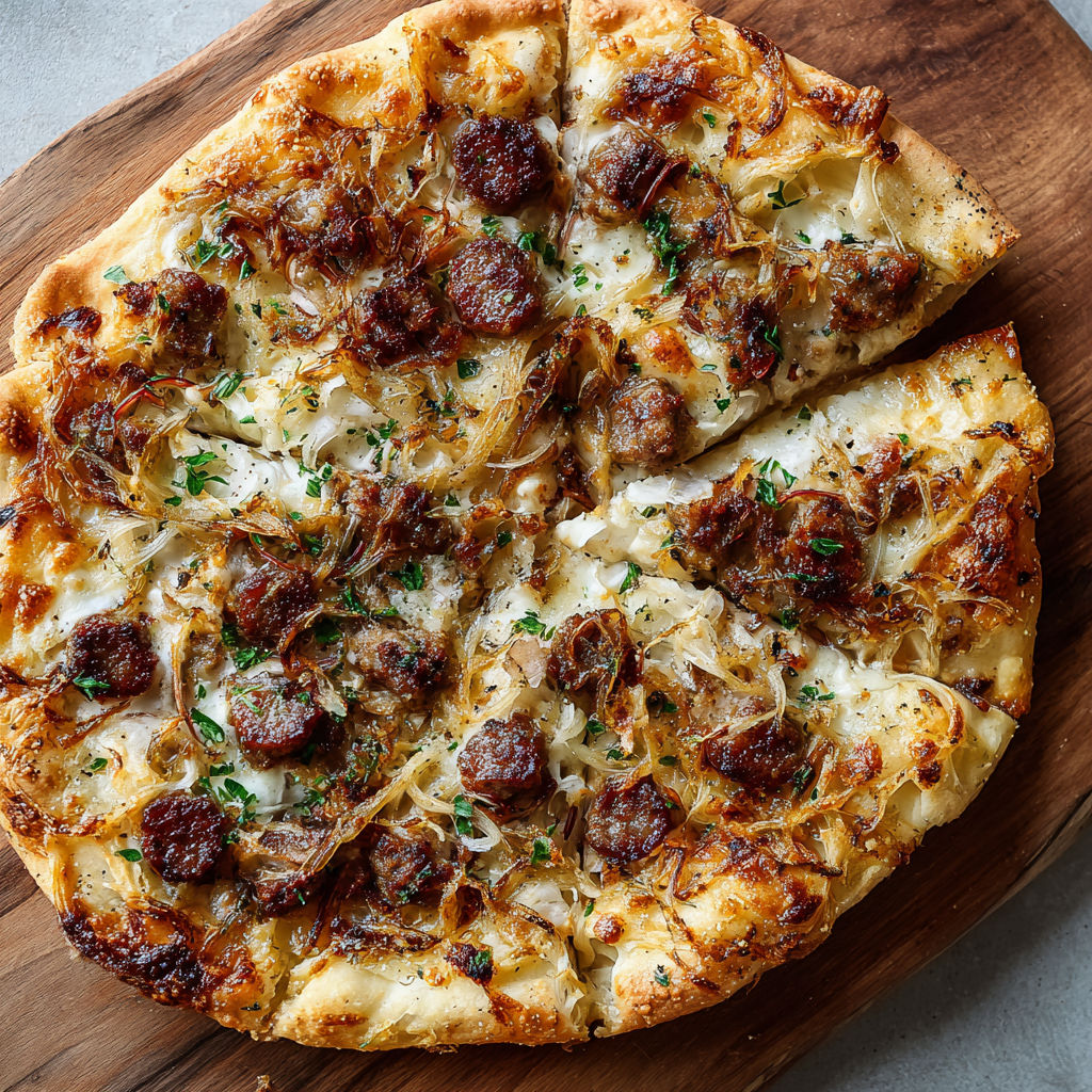 A pizza with sausage and onions on a wooden board.