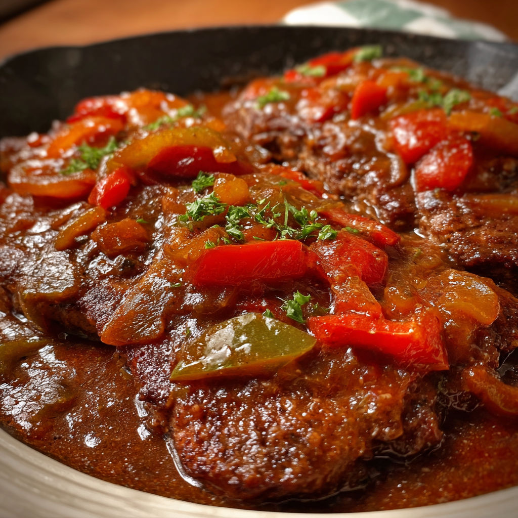 Old-fashioned Swiss steak with peppers and onions.