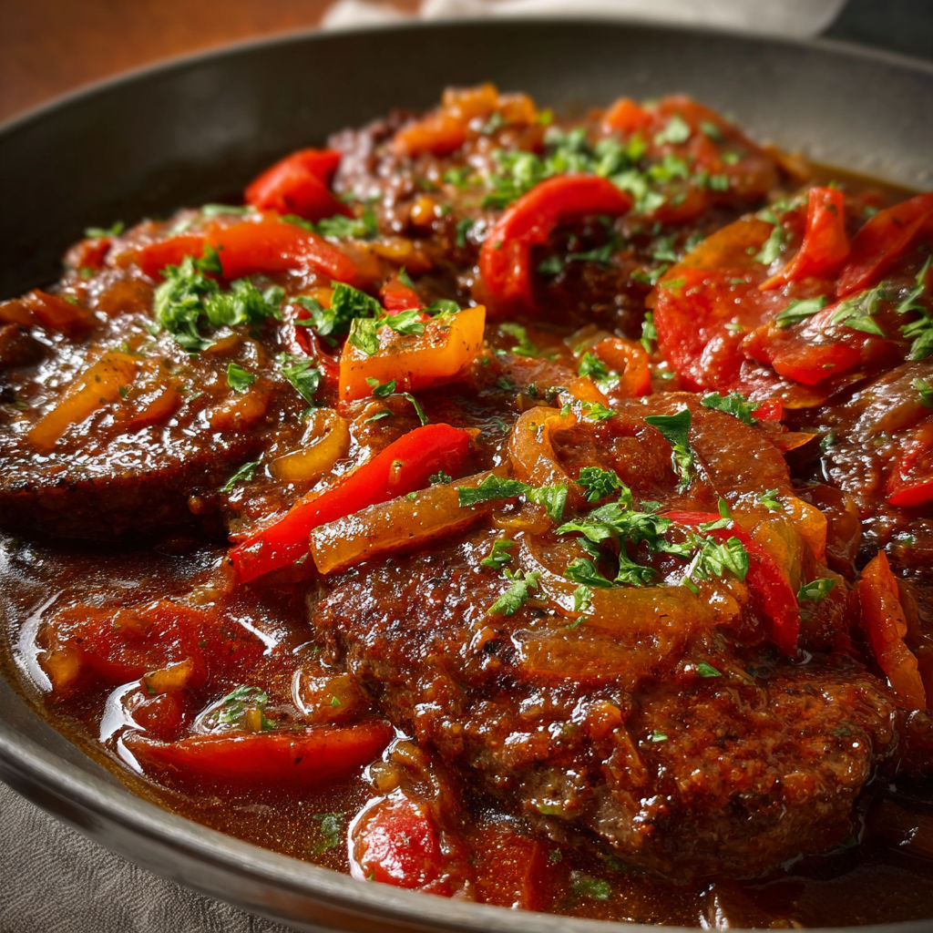 A pan of meat with peppers and onions.