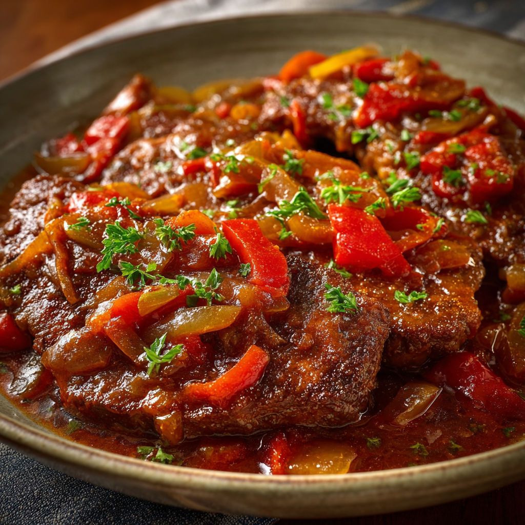 A bowl of meat with peppers and onions.
