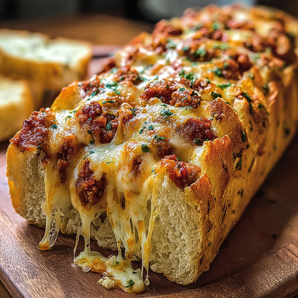 A cheesy bread with meat on top.
