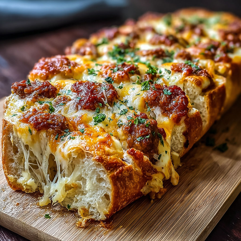 A slice of cheesy bread on a wooden cutting board.