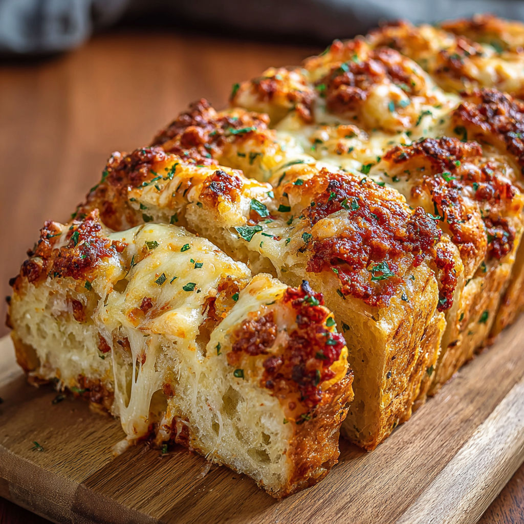 A slice of cheesy bread on a wooden cutting board.