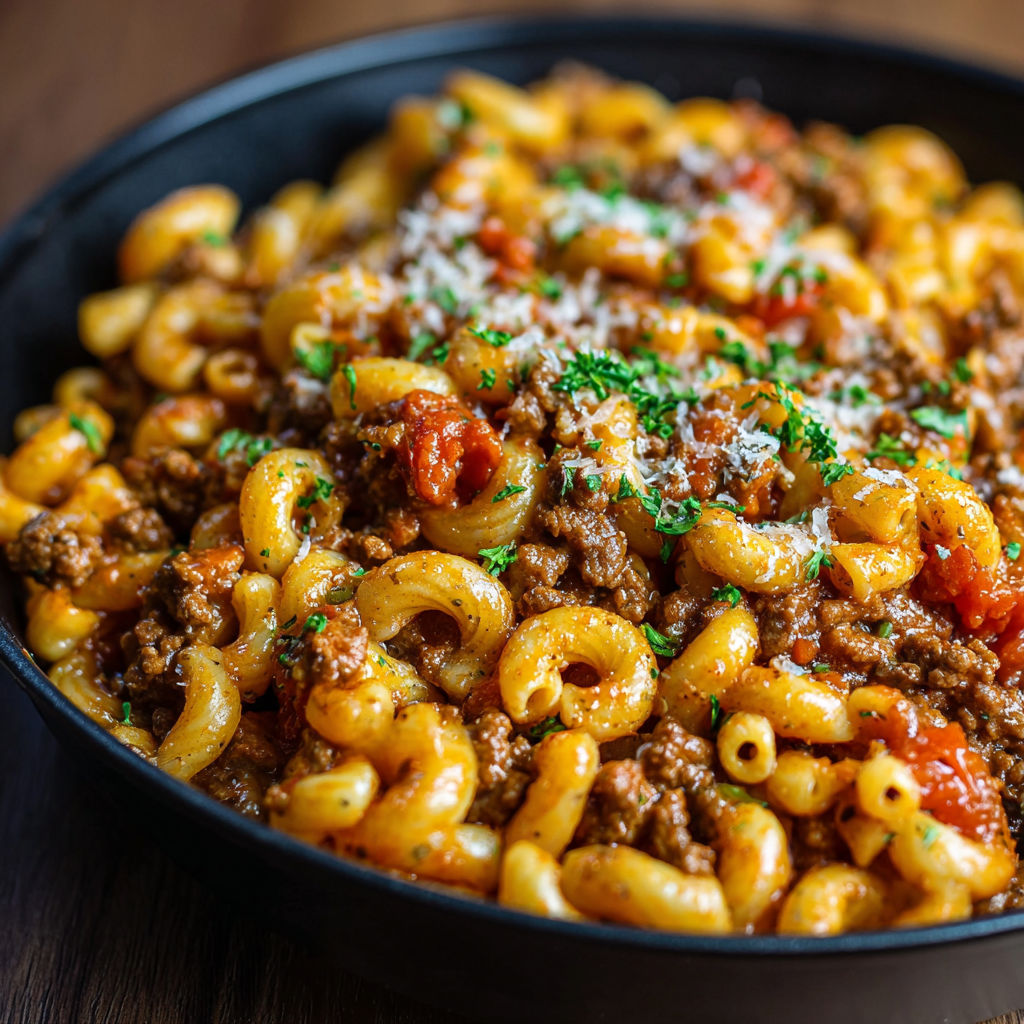 A bowl of pasta with meat and cheese.