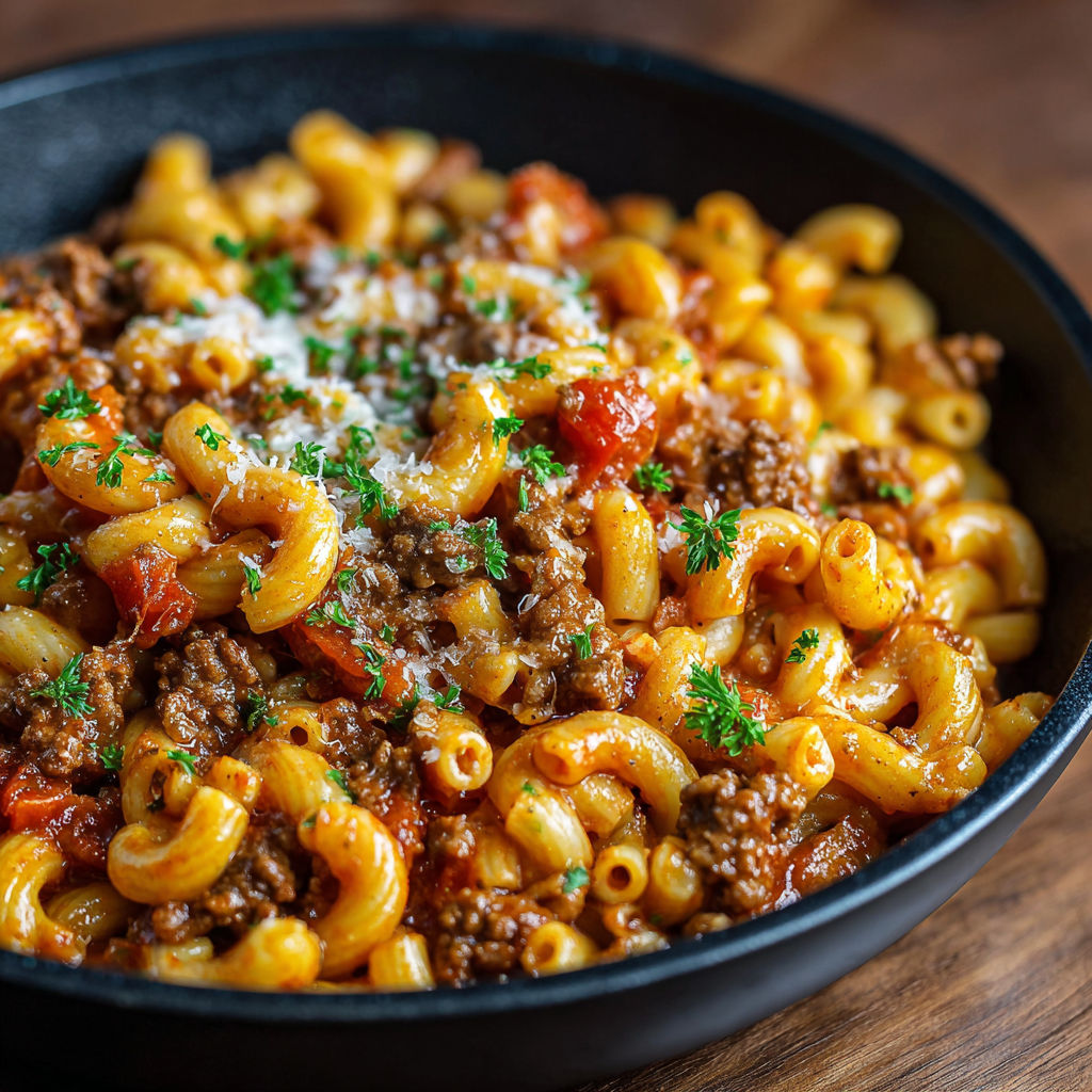 A bowl of pasta with meat and cheese.