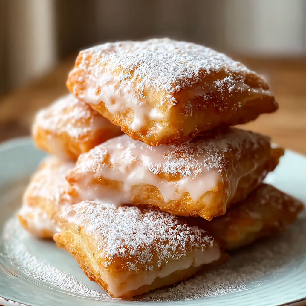 Glazed buttermilk beignets stacked on a plate.
