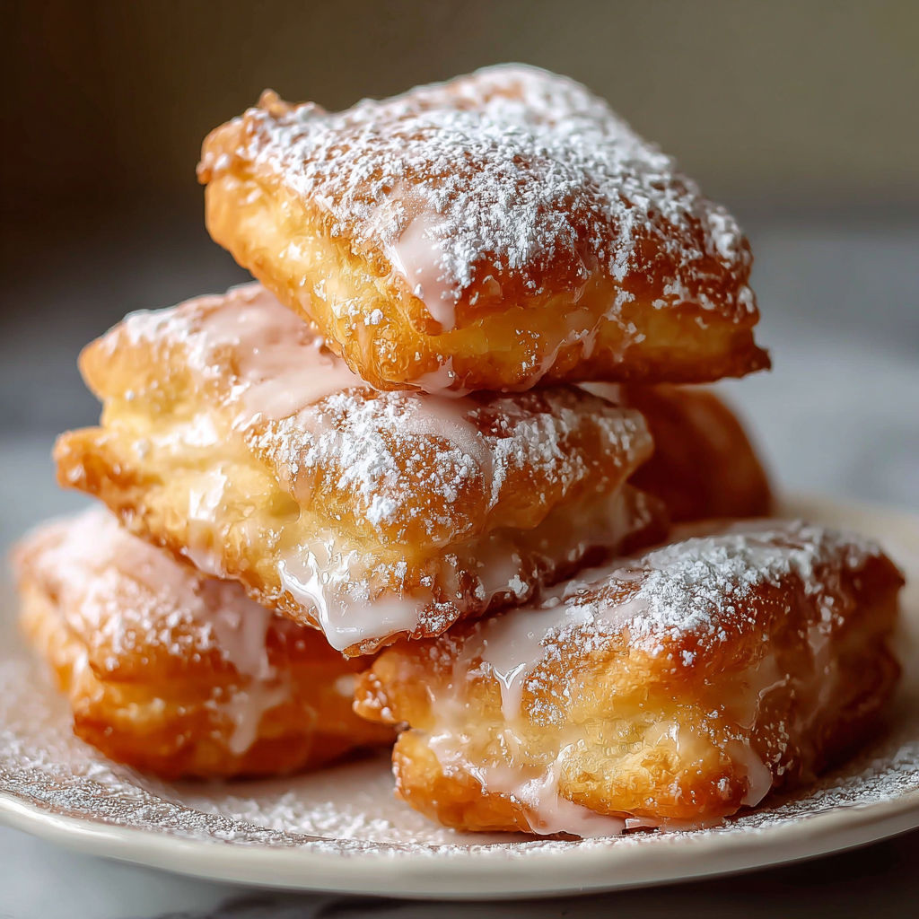 Glazed buttermilk beignets stacked on a plate.