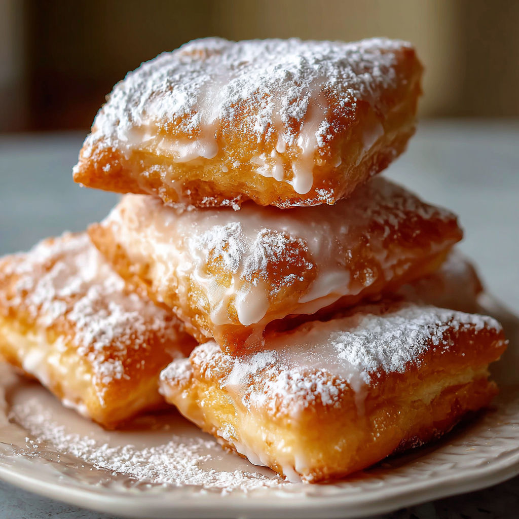 Glazed buttermilk beignets stacked on a plate.
