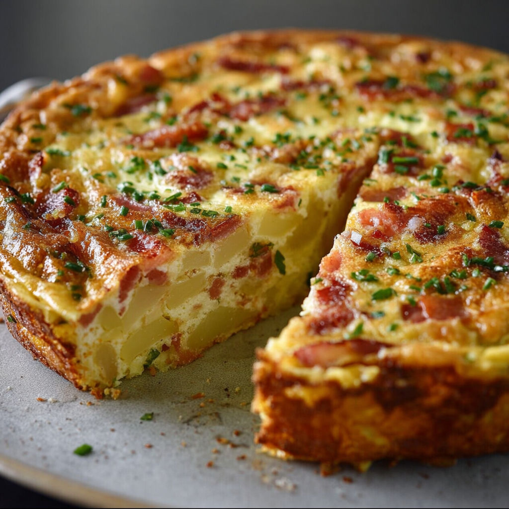 A slice of bacon potato frittata.
