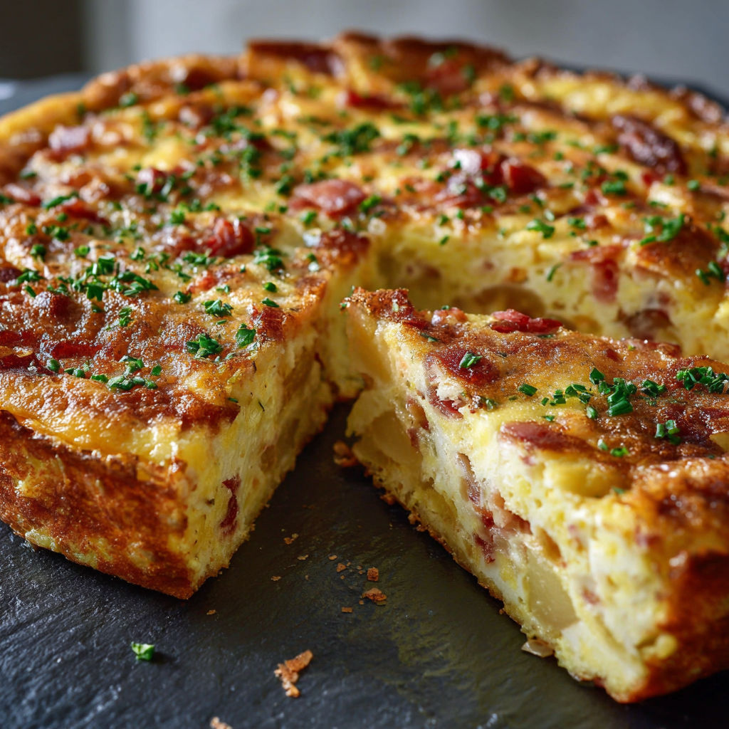 A slice of quiche with bacon and cheese.