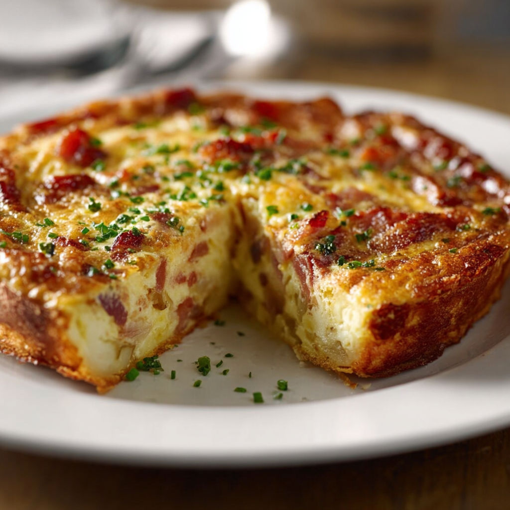 A slice of quiche on a plate.