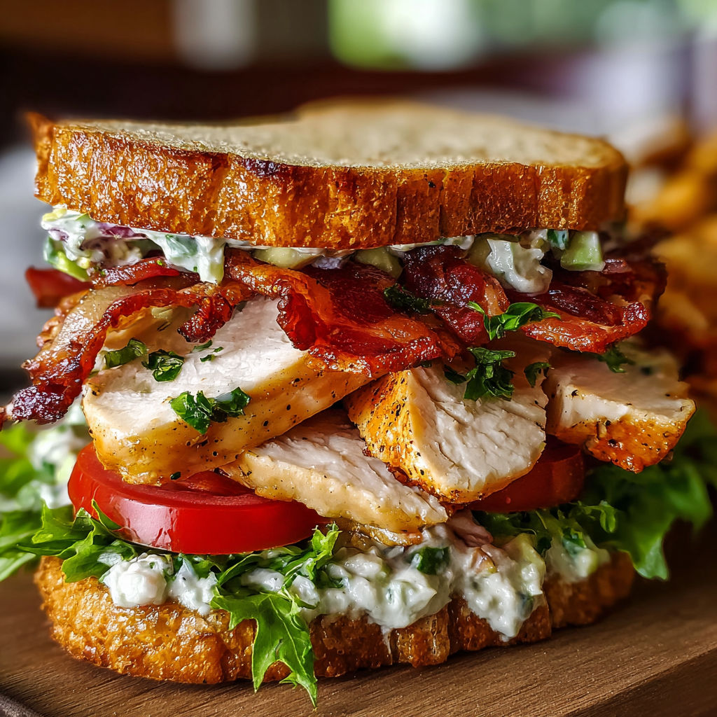 A loaded chicken club sandwich with bacon, lettuce, tomato, and mayonnaise.