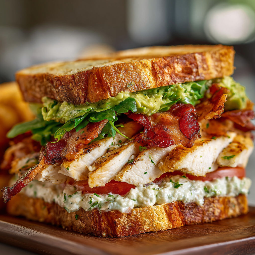 A loaded chicken club sandwich with bacon, lettuce, tomato, and avocado.