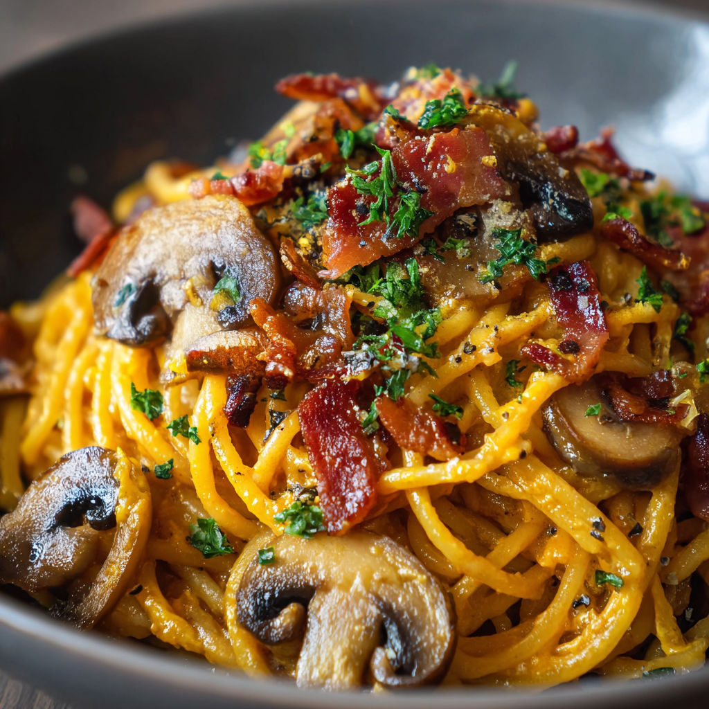 A bowl of spaghetti with mushrooms and bacon.
