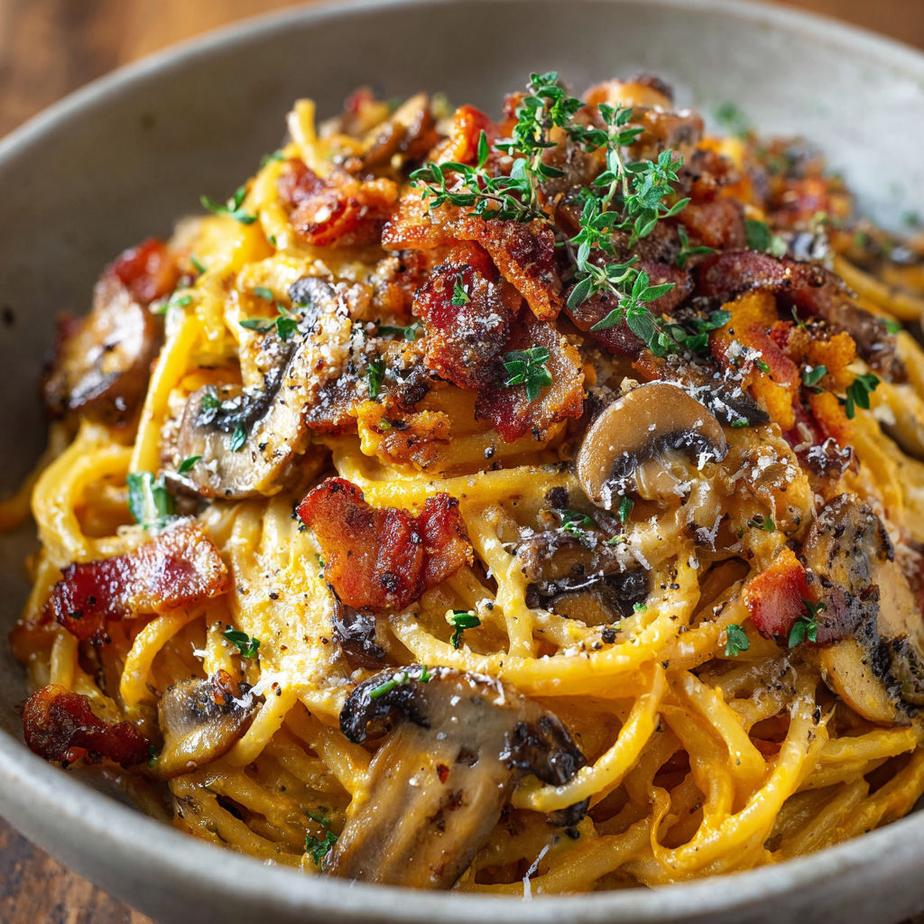 A bowl of spaghetti with mushrooms and bacon.