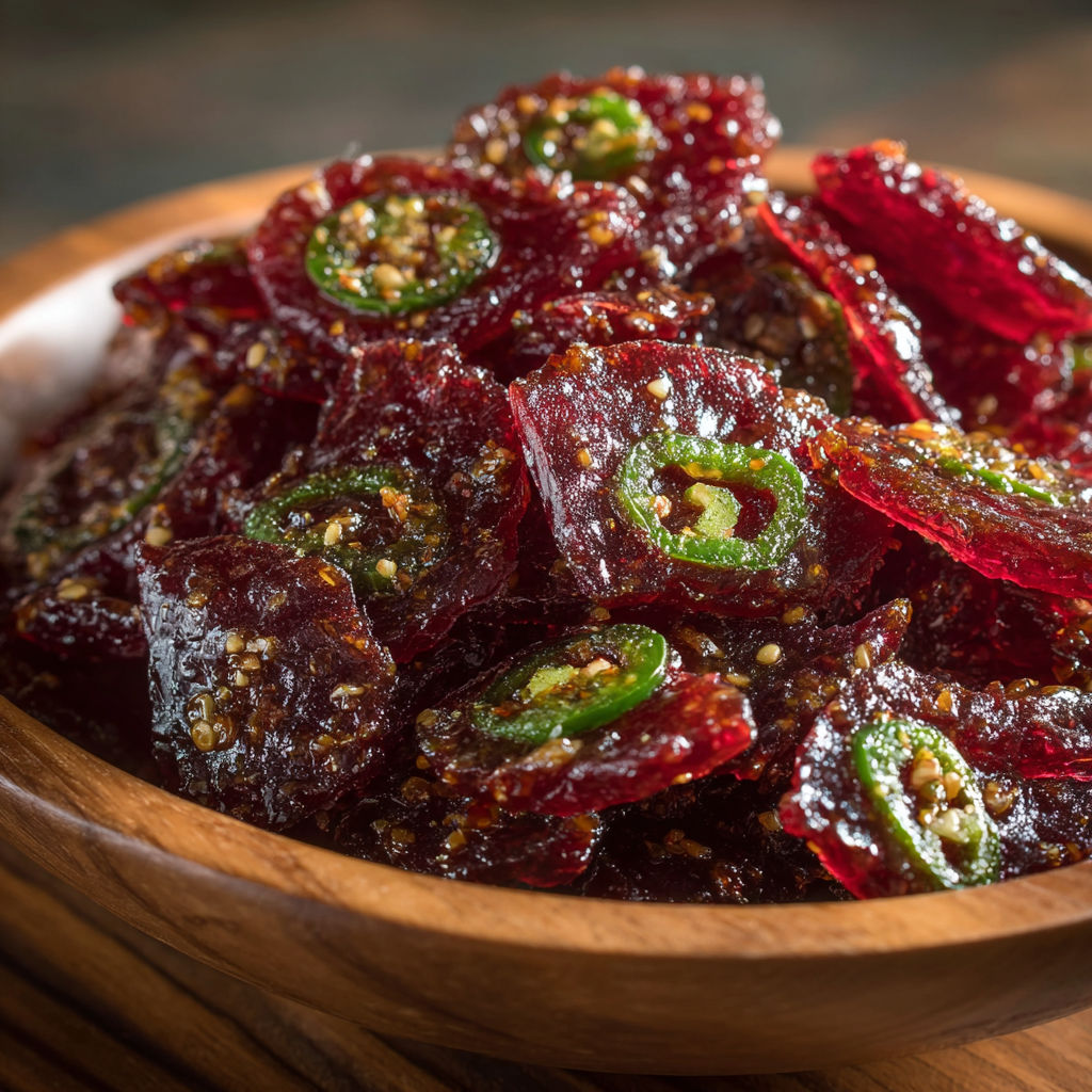 A bowl of jerky with green peppers.